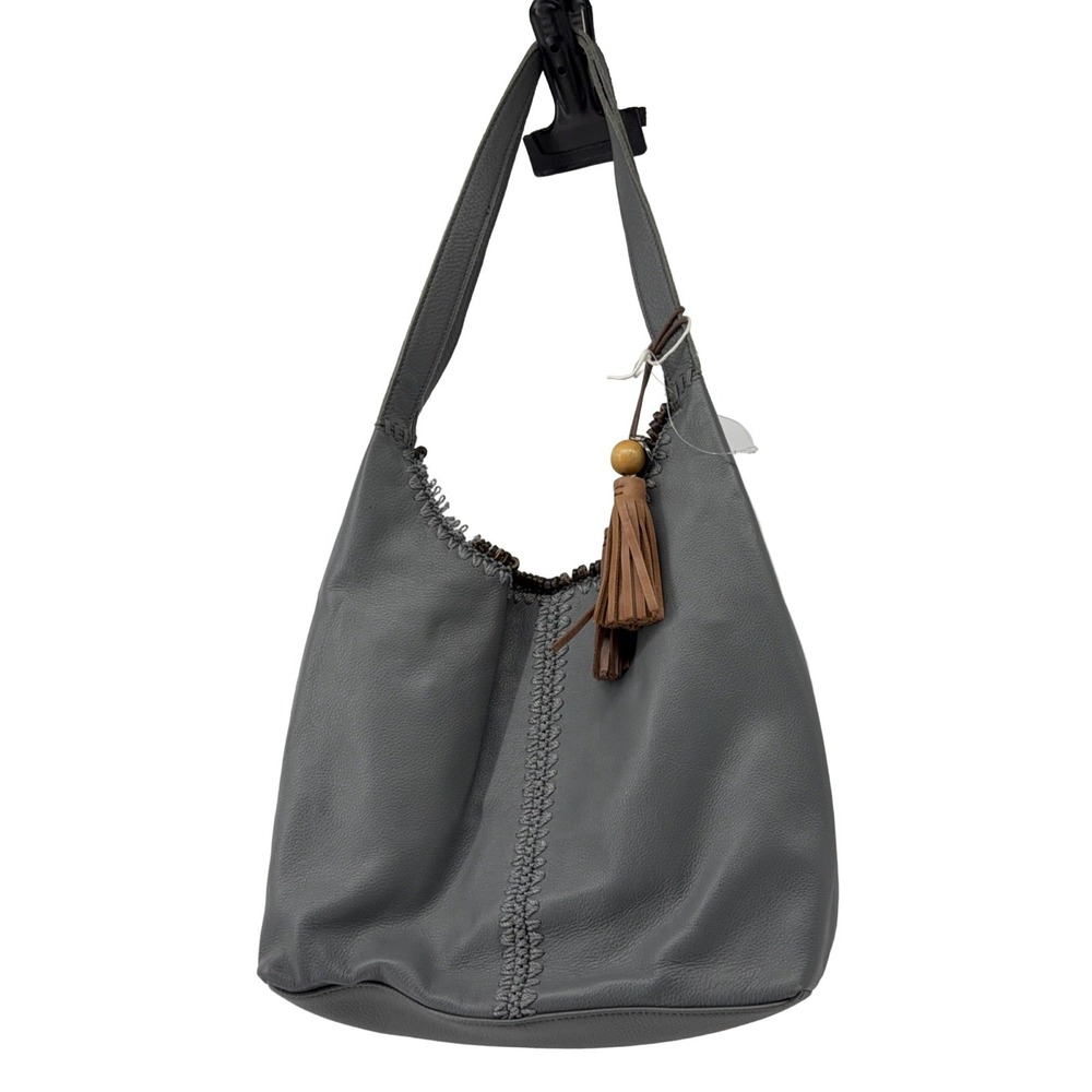 The Sak Huntley Hobo Bag Gray Leather Medium Western Crochet Tassel Read